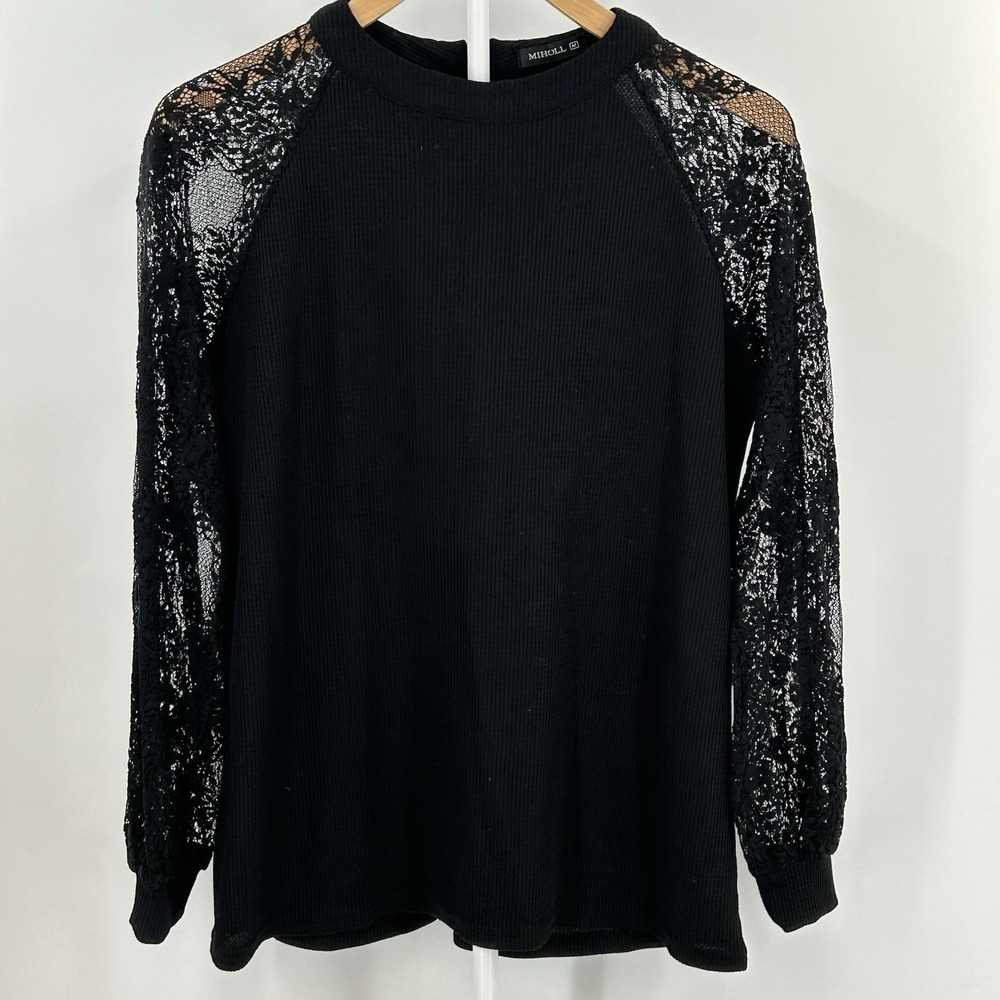 Black Ribbed Knit Top Lace Sleeves Sheer Floral Mock Neck Long Sleeve Size M
